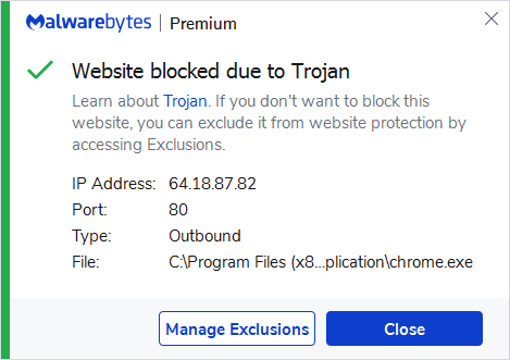 Malwarebytes blocks the IP 64.18.87.82
