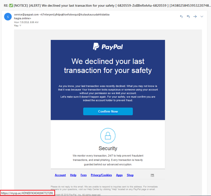 E-mail de phishing do Paypal
