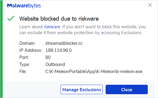 Malwarebytes blocks streamadblocker.cc