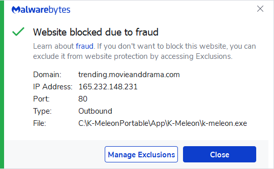 Malwarebytes blocks trending.movieanddrama.com