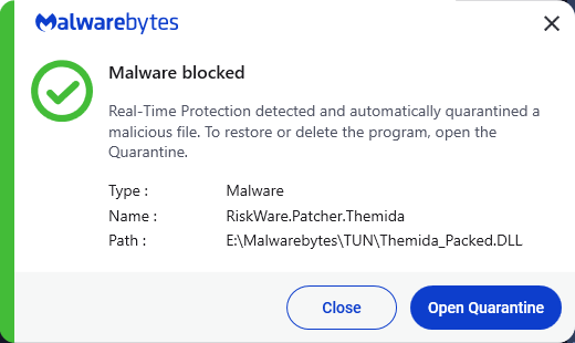 Malwarebytes blocks RiskWare.Patcher.Themida