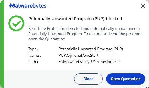 Malwarebytes blocks PUP.Optional.OneStart