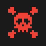 A red skull and bones is shown against a black background.