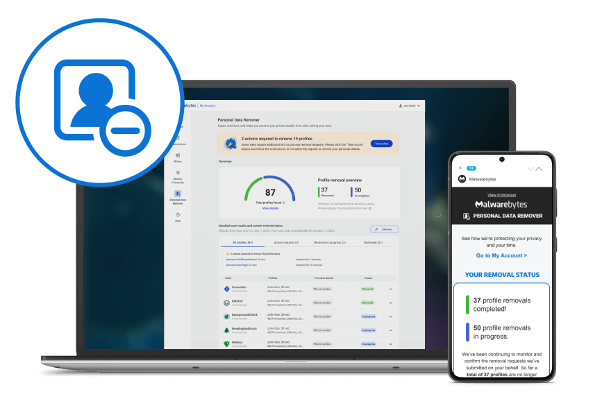 Weißes und blaues Symbol für den Malwarebytes Personal Data Remover neben einem Laptop und einem Smartphone, die beide das Dashboard und die Warnmeldungen des Personal Data Remover anzeigen