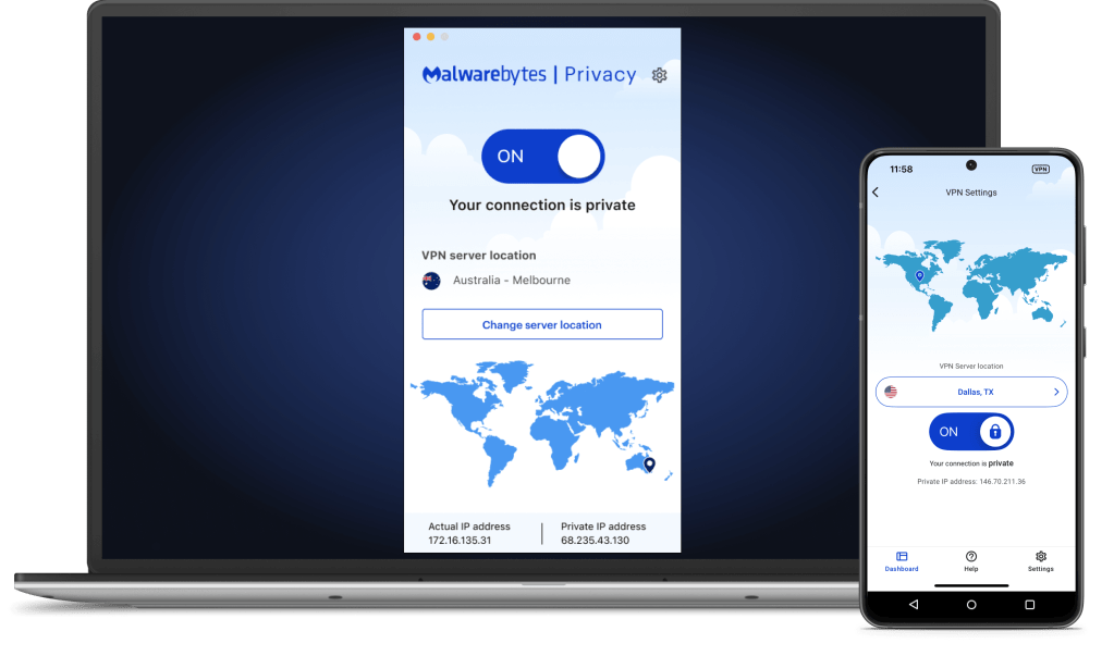 Ein Laptop und ein mobiles Gerät zeigen beide den Hauptbildschirm der Malwarebytes VPN-App
