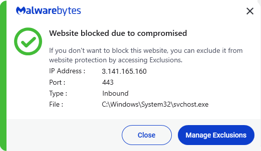 Malwarebytes blocks 3.141.165.160