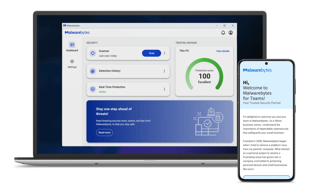 Generisches Laptop-Bild mit dem Malwarebytes Teams Produkt-Dashboard auf dem Bildschirm. Rechts neben dem Laptop ist ein generisches Smartphone zu sehen, das eine E-Mail anzeigt, in der der Benutzer zu Teams begrüßt wird.