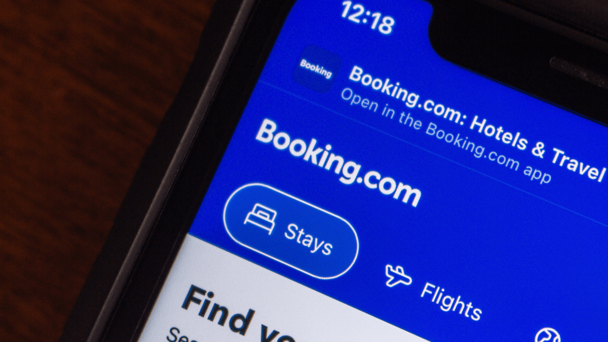 Close up of screen showing booking.com website