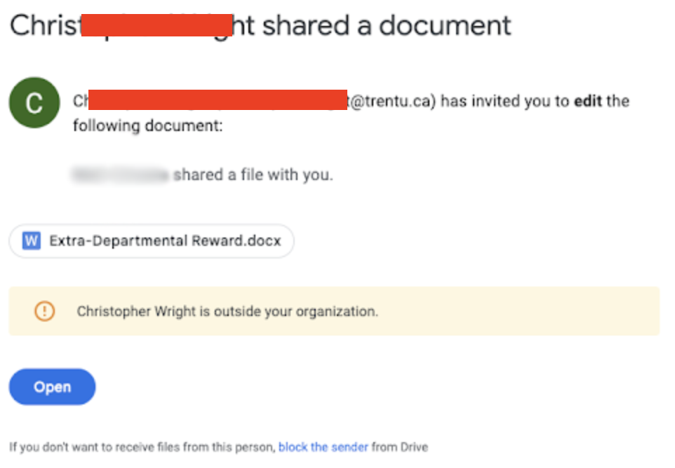 Beispiel eines Phishing-Betrugs mit Google Docs - Screenshot einer E-Mail