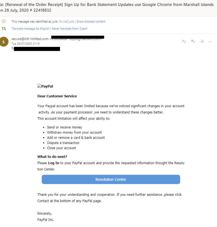 Paypal-Phishing-E-Mail-Beispiel - echte Paypal-Betrugs-E-Mail