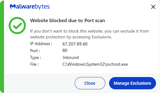 Malwarebytes blocks 67.207.85.60