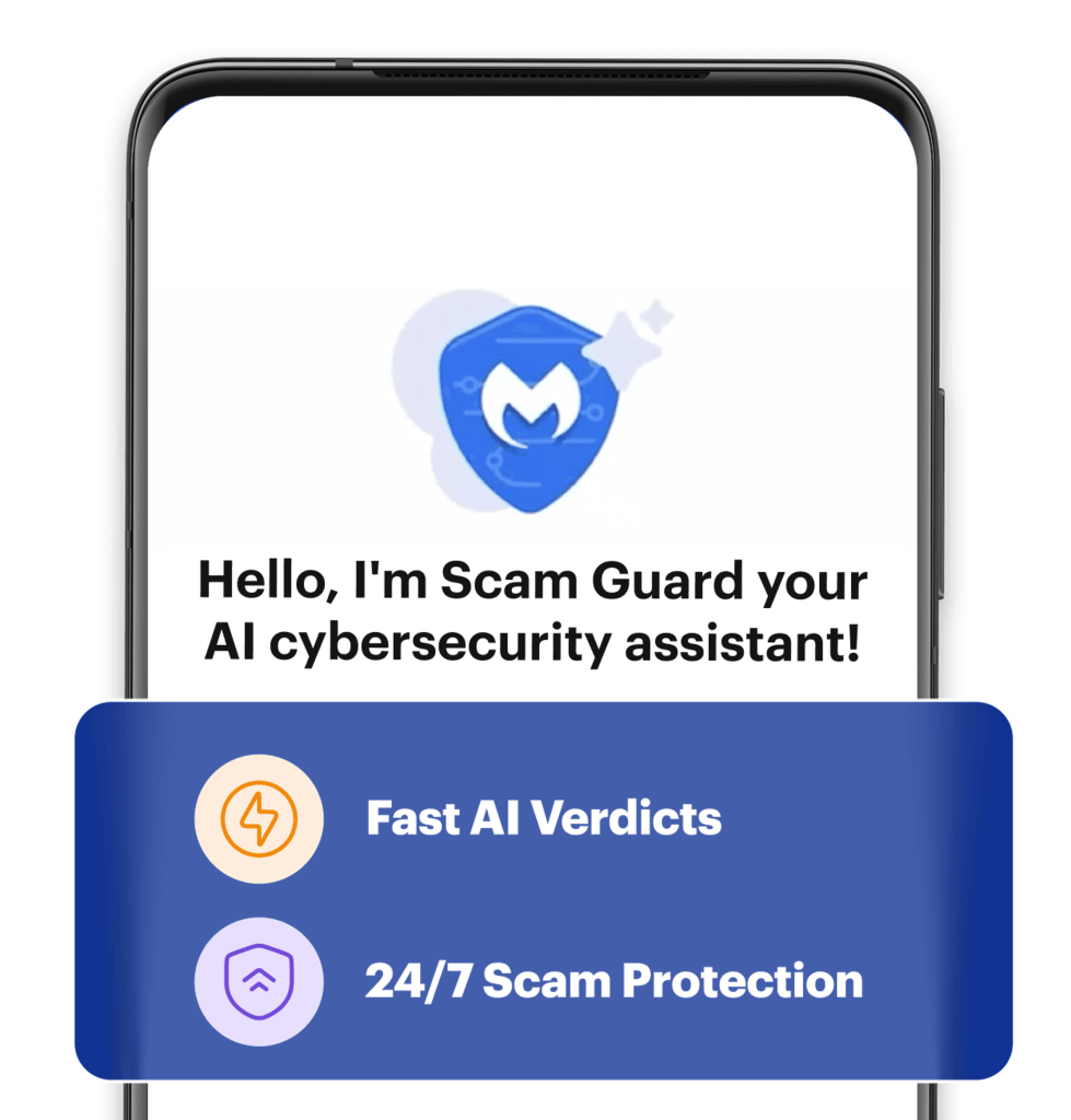 Mobiltelefon mit einer Einführung zu Scam Guard auf dem Bildschirm und den Funktionen von Fast AI Verdicts und 24/7 Scam Protection