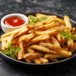 A plate of fries and ketchup